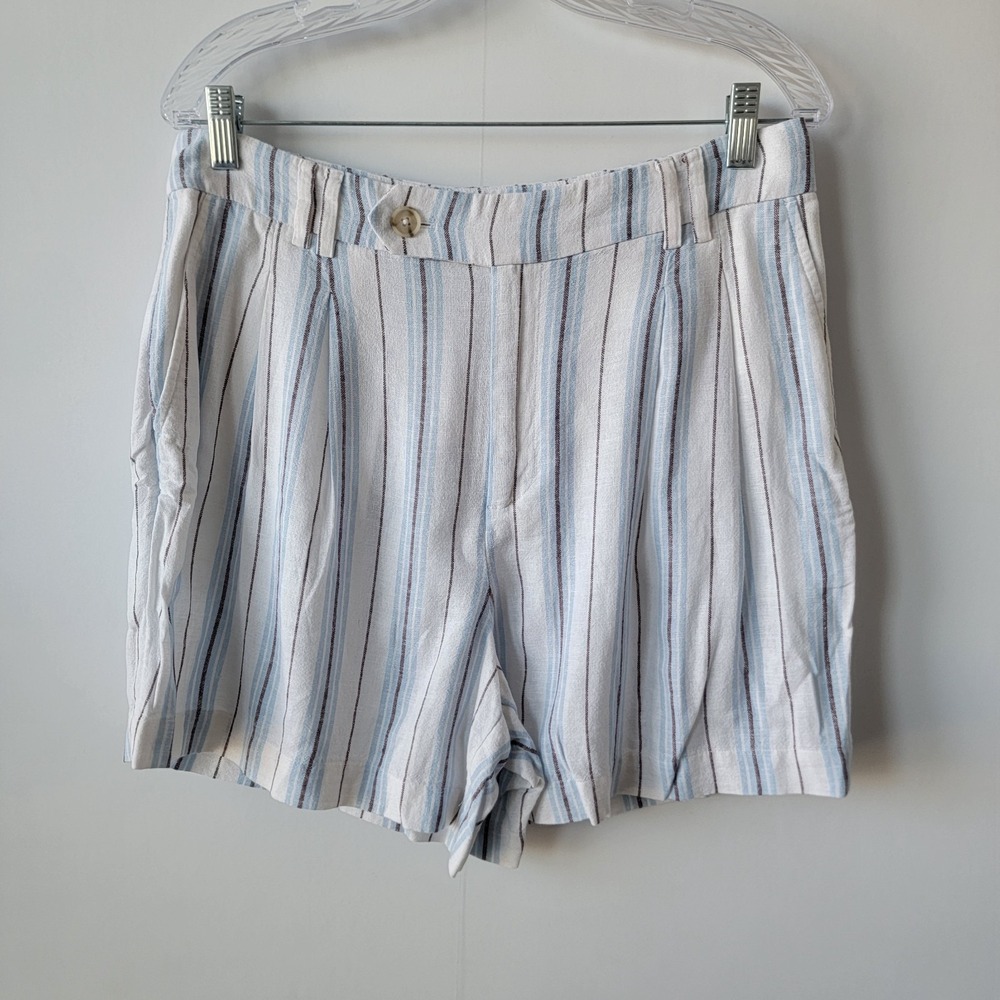 loft women's striped pleated shorts size 10 linen blend high waist Preppy